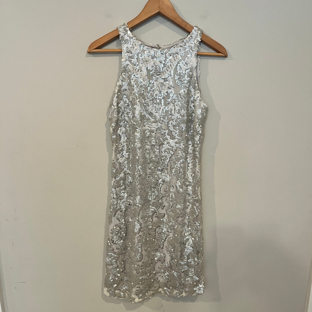 Cache Sleeveless Sequin Mini Dress Cocktail Silver 6 Open Back